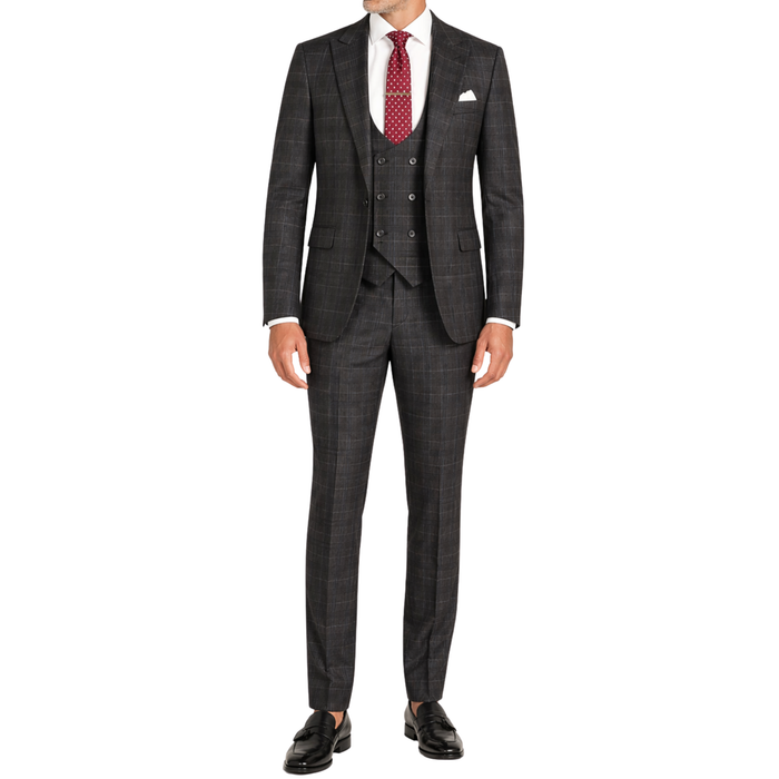 VINCI Men's Black Plaid Stretch 3 Piece Slim Fit 1 Button Suit – NEW. Features a bold peak lapel jacket with one-button closure, low cut vest, and flat-front pants with unfinished hems for custom tailoring. A modern, stylish choice for office or evening wear. Available at Fashion House Inc. (FH Menswear, Style #SV1W-1)
