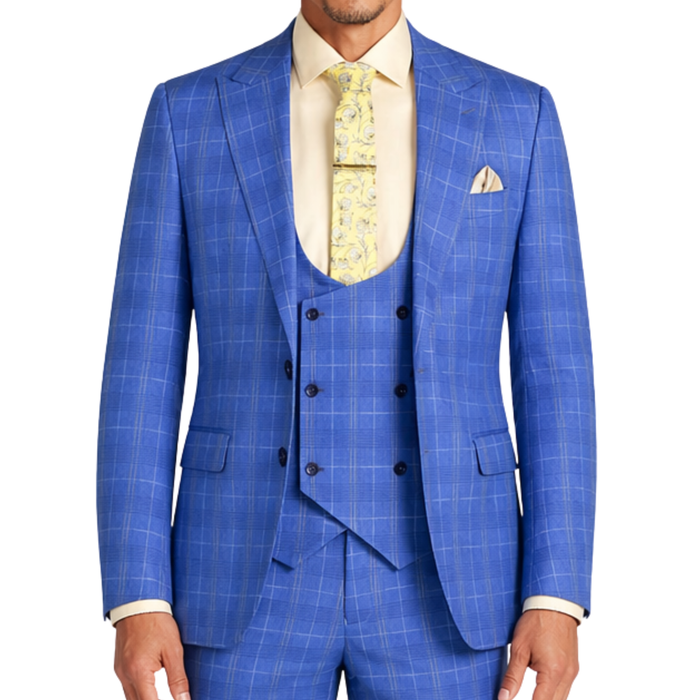 VINCI Men's Blue Plaid Stretch 3 Piece Slim Fit 1 Button Suit – NEW. Features a bold peak lapel jacket with one-button closure, low cut vest, and flat-front pants with unfinished hems for custom tailoring. A modern, stylish choice for office or evening wear. Available at Fashion House Inc. (FH Menswear, Style #SV1W-1)