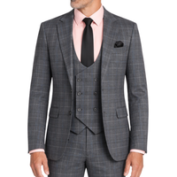 VINCI Men's Gray Plaid Stretch 3 Piece Slim Fit 1 Button Suit – NEW. Features a bold peak lapel jacket with one-button closure, low cut vest, and flat-front pants with unfinished hems for custom tailoring. A modern, stylish choice for office or evening wear. Available at Fashion House Inc. (FH Menswear, Style #SV1W-1)