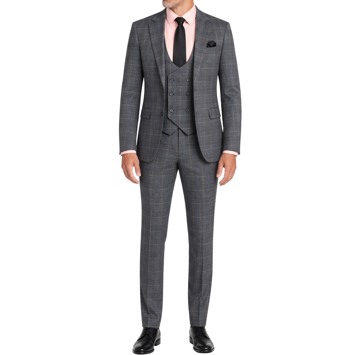 VINCI Men's Gray Plaid Stretch 3 Piece Slim Fit 1 Button Suit – NEW. Features a bold peak lapel jacket with one-button closure, low cut vest, and flat-front pants with unfinished hems for custom tailoring. A modern, stylish choice for office or evening wear. Available at Fashion House Inc. (FH Menswear, Style #SV1W-1)