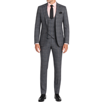 VINCI Men's Gray Plaid Stretch 3 Piece Slim Fit 1 Button Suit – NEW. Features a bold peak lapel jacket with one-button closure, low cut vest, and flat-front pants with unfinished hems for custom tailoring. A modern, stylish choice for office or evening wear. Available at Fashion House Inc. (FH Menswear, Style #SV1W-1)