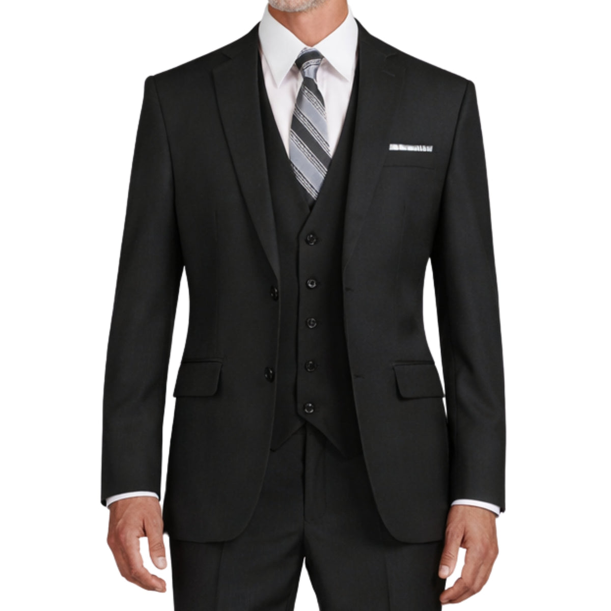 VINCI Men's Black 3-Piece 2-Button Slim Suit with Matching Vest - NEW. Elegantly lined jacket with classic notch lapel, paired with flat-front pants for custom tailoring, offering a modern slim silhouette. Perfect for formal and professional occasions. Available at Fashion House Inc. (FH Menswear)