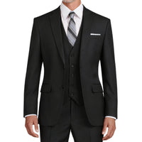 VINCI Men's Black 3-Piece 2-Button Slim Suit with Matching Vest - NEW. Elegantly lined jacket with classic notch lapel, paired with flat-front pants for custom tailoring, offering a modern slim silhouette. Perfect for formal and professional occasions. Available at Fashion House Inc. (FH Menswear)