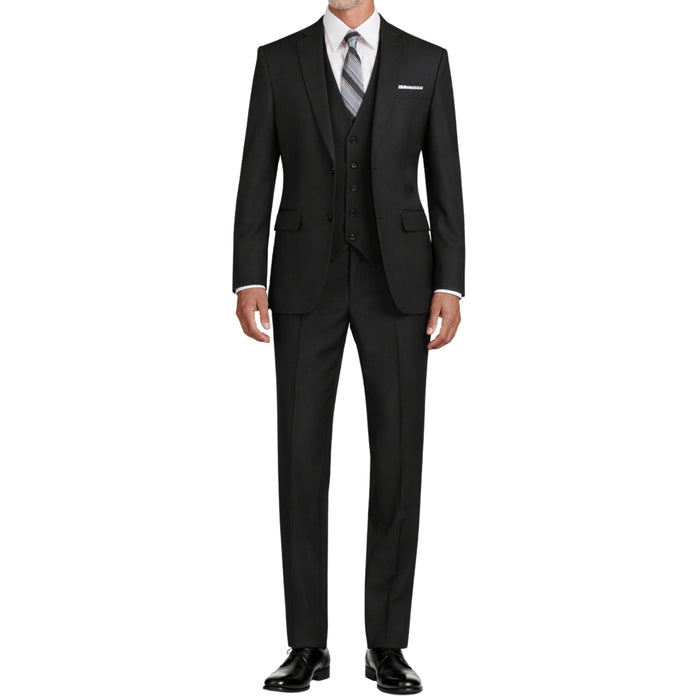 VINCI Men's Black 3-Piece 2-Button Slim Suit with Matching Vest - NEW. Elegantly lined jacket with classic notch lapel, paired with flat-front pants for custom tailoring, offering a modern slim silhouette. Perfect for formal and professional occasions. Available at Fashion House Inc. (FH Menswear)