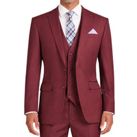 VINCI Men's Burgundy 3-Piece 2-Button Slim Suit with Matching Vest - NEW. Elegantly lined jacket with classic notch lapel, paired with flat-front pants for custom tailoring, offering a modern slim silhouette. Perfect for formal and professional occasions. Available at Fashion House Inc. (FH Menswear)