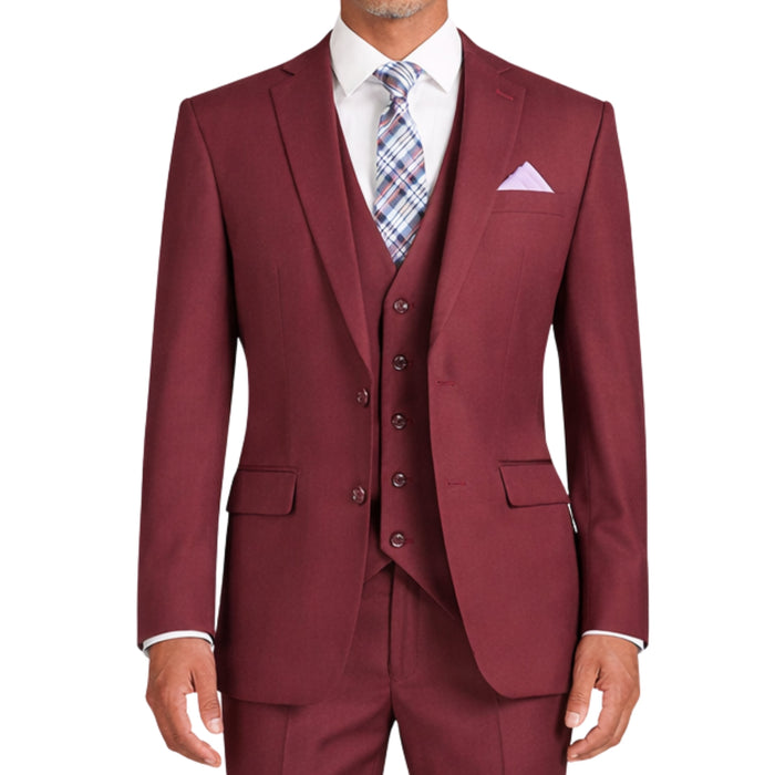 VINCI Men's Burgundy 3-Piece 2-Button Slim Suit with Matching Vest - NEW. Elegantly lined jacket with classic notch lapel, paired with flat-front pants for custom tailoring, offering a modern slim silhouette. Perfect for formal and professional occasions. Available at Fashion House Inc. (FH Menswear)