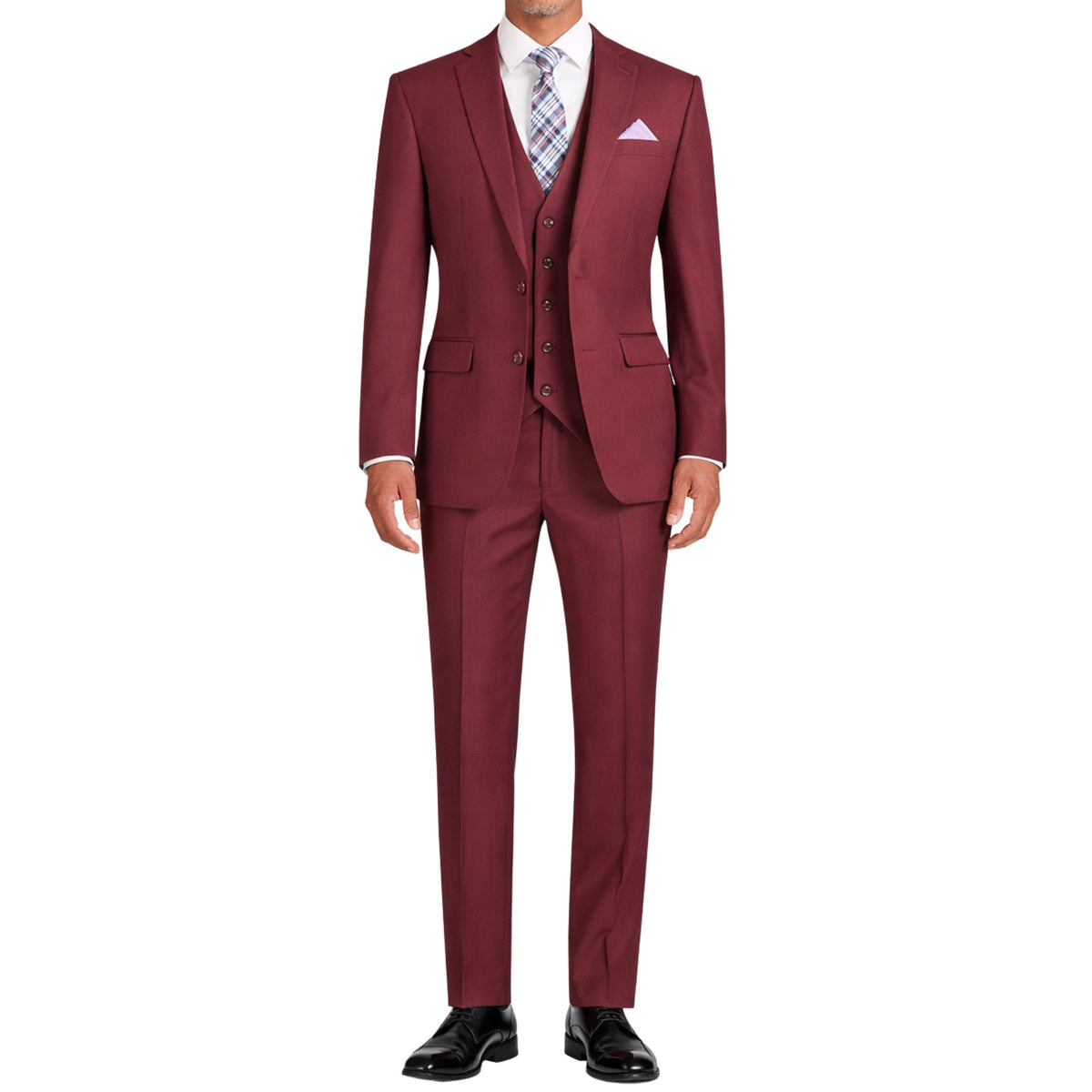 VINCI Men's Burgundy 3-Piece 2-Button Slim Suit with Matching Vest - NEW. Elegantly lined jacket with classic notch lapel, paired with flat-front pants for custom tailoring, offering a modern slim silhouette. Perfect for formal and professional occasions. Available at Fashion House Inc. (FH Menswear)