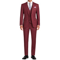 VINCI Men's Burgundy 3-Piece 2-Button Slim Suit with Matching Vest - NEW. Elegantly lined jacket with classic notch lapel, paired with flat-front pants for custom tailoring, offering a modern slim silhouette. Perfect for formal and professional occasions. Available at Fashion House Inc. (FH Menswear)