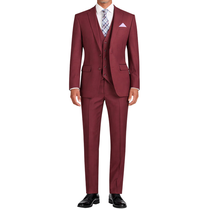 VINCI Men's Burgundy 3-Piece 2-Button Slim Suit with Matching Vest - NEW. Elegantly lined jacket with classic notch lapel, paired with flat-front pants for custom tailoring, offering a modern slim silhouette. Perfect for formal and professional occasions. Available at Fashion House Inc. (FH Menswear)