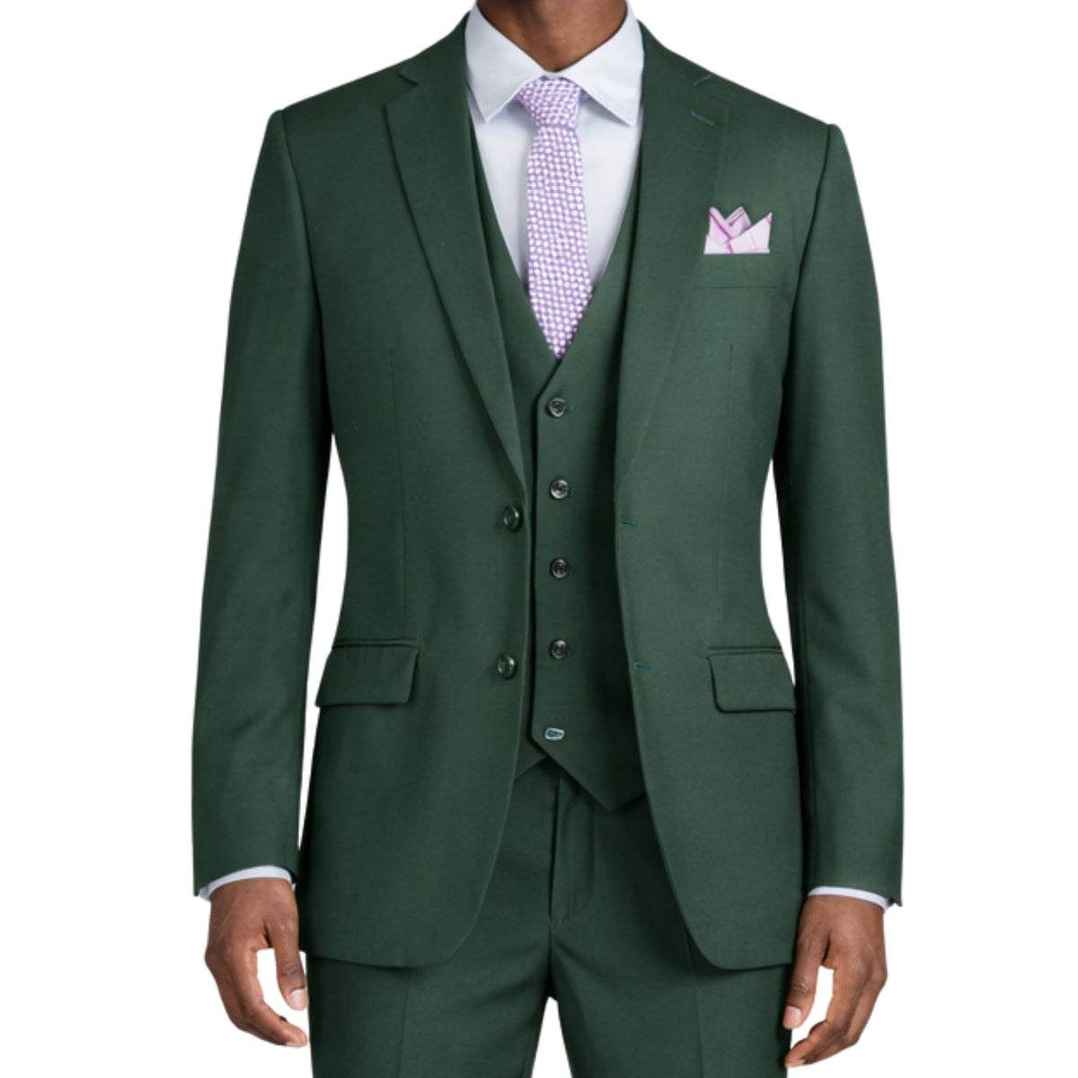 VINCI Men's Hunter Green 3-Piece 2-Button Slim Suit with Matching Vest - NEW. Elegantly lined jacket with classic notch lapel, paired with flat-front pants for custom tailoring, offering a modern slim silhouette. Perfect for formal and professional occasions. Available at Fashion House Inc. (FH Menswear)