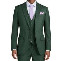 VINCI Men's Hunter Green 3-Piece 2-Button Slim Suit with Matching Vest - NEW. Elegantly lined jacket with classic notch lapel, paired with flat-front pants for custom tailoring, offering a modern slim silhouette. Perfect for formal and professional occasions. Available at Fashion House Inc. (FH Menswear)
