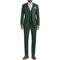 VINCI Men's Hunter Green 3-Piece 2-Button Slim Suit with Matching Vest - NEW. Elegantly lined jacket with classic notch lapel, paired with flat-front pants for custom tailoring, offering a modern slim silhouette. Perfect for formal and professional occasions. Available at Fashion House Inc. (FH Menswear)