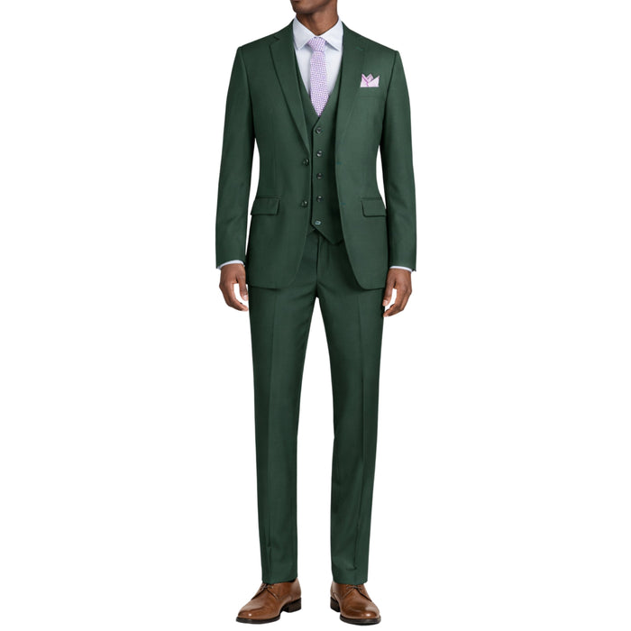 VINCI Men's Hunter Green 3-Piece 2-Button Slim Suit with Matching Vest - NEW. Elegantly lined jacket with classic notch lapel, paired with flat-front pants for custom tailoring, offering a modern slim silhouette. Perfect for formal and professional occasions. Available at Fashion House Inc. (FH Menswear)