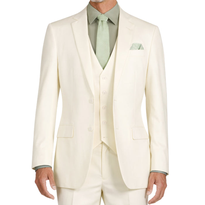 VINCI Men's Ivory 3-Piece 2-Button Slim Suit with Matching Vest - NEW. Elegantly lined jacket with classic notch lapel, paired with flat-front pants for custom tailoring, offering a modern slim silhouette. Perfect for formal and professional occasions. Available at Fashion House Inc. (FH Menswear)