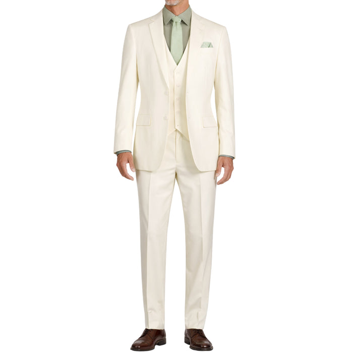 VINCI Men's Ivory 3-Piece 2-Button Slim Suit with Matching Vest - NEW. Elegantly lined jacket with classic notch lapel, paired with flat-front pants for custom tailoring, offering a modern slim silhouette. Perfect for formal and professional occasions. Available at Fashion House Inc. (FH Menswear)