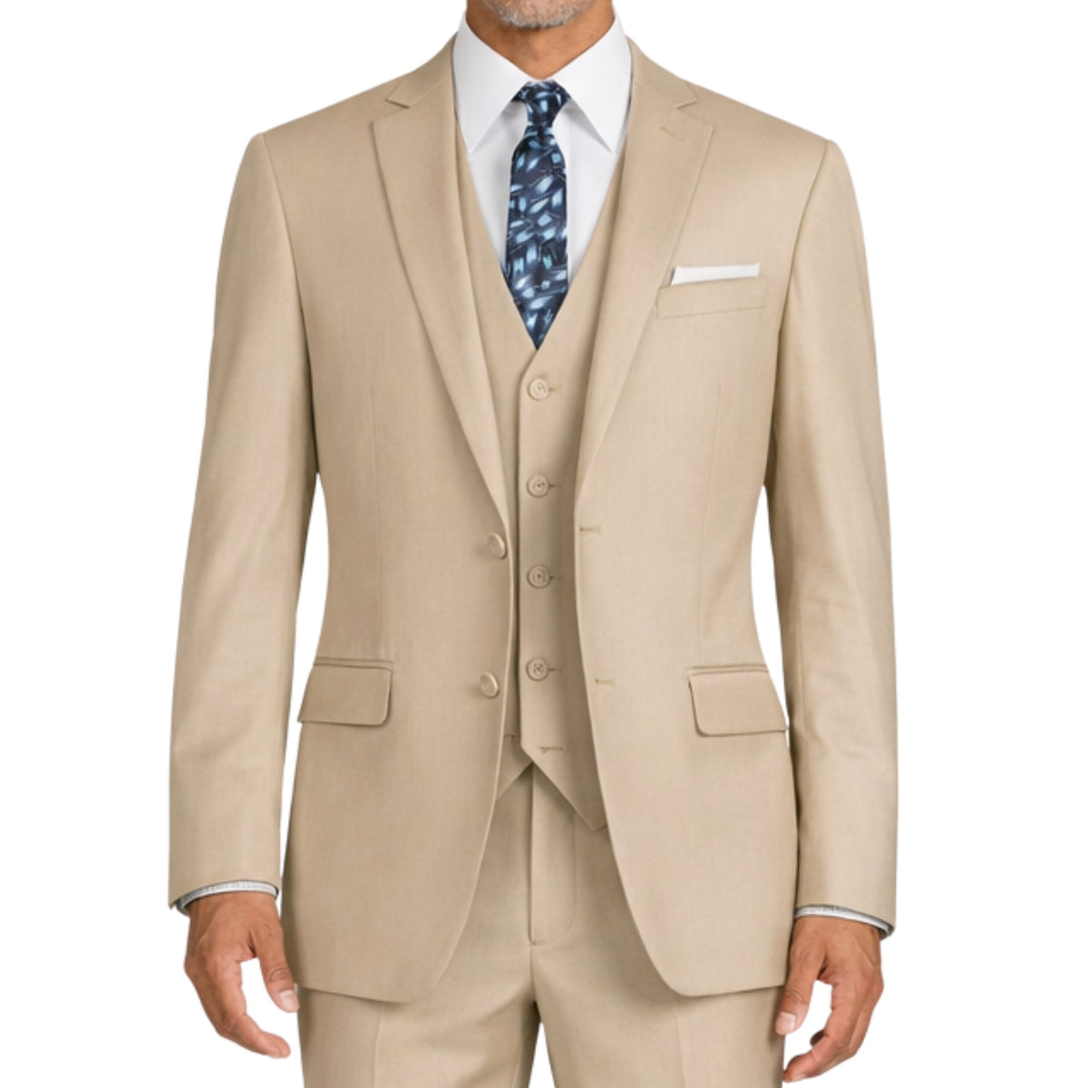 VINCI Men's Light Beige 3-Piece 2-Button Slim Suit with Matching Vest - NEW. Elegantly lined jacket with classic notch lapel, paired with flat-front pants for custom tailoring, offering a modern slim silhouette. Perfect for formal and professional occasions. Available at Fashion House Inc. (FH Menswear)