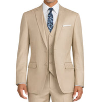 VINCI Men's Light Beige 3-Piece 2-Button Slim Suit with Matching Vest - NEW. Elegantly lined jacket with classic notch lapel, paired with flat-front pants for custom tailoring, offering a modern slim silhouette. Perfect for formal and professional occasions. Available at Fashion House Inc. (FH Menswear)