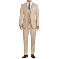 VINCI Men's Light Beige 3-Piece 2-Button Slim Suit with Matching Vest - NEW. Elegantly lined jacket with classic notch lapel, paired with flat-front pants for custom tailoring, offering a modern slim silhouette. Perfect for formal and professional occasions. Available at Fashion House Inc. (FH Menswear)
