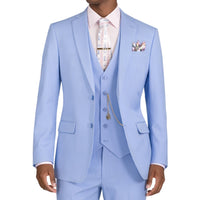 VINCI Men's Light Blue 3-Piece 2-Button Slim Suit with Matching Vest - NEW. Elegantly lined jacket with classic notch lapel, paired with flat-front pants for custom tailoring, offering a modern slim silhouette. Perfect for formal and professional occasions. Available at Fashion House Inc. (FH Menswear)