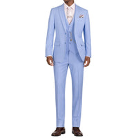 VINCI Men's Light Blue 3-Piece 2-Button Slim Suit with Matching Vest - NEW. Elegantly lined jacket with classic notch lapel, paired with flat-front pants for custom tailoring, offering a modern slim silhouette. Perfect for formal and professional occasions. Available at Fashion House Inc. (FH Menswear)