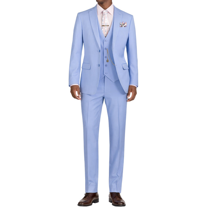 VINCI Men's Light Blue 3-Piece 2-Button Slim Suit with Matching Vest - NEW. Elegantly lined jacket with classic notch lapel, paired with flat-front pants for custom tailoring, offering a modern slim silhouette. Perfect for formal and professional occasions. Available at Fashion House Inc. (FH Menswear)