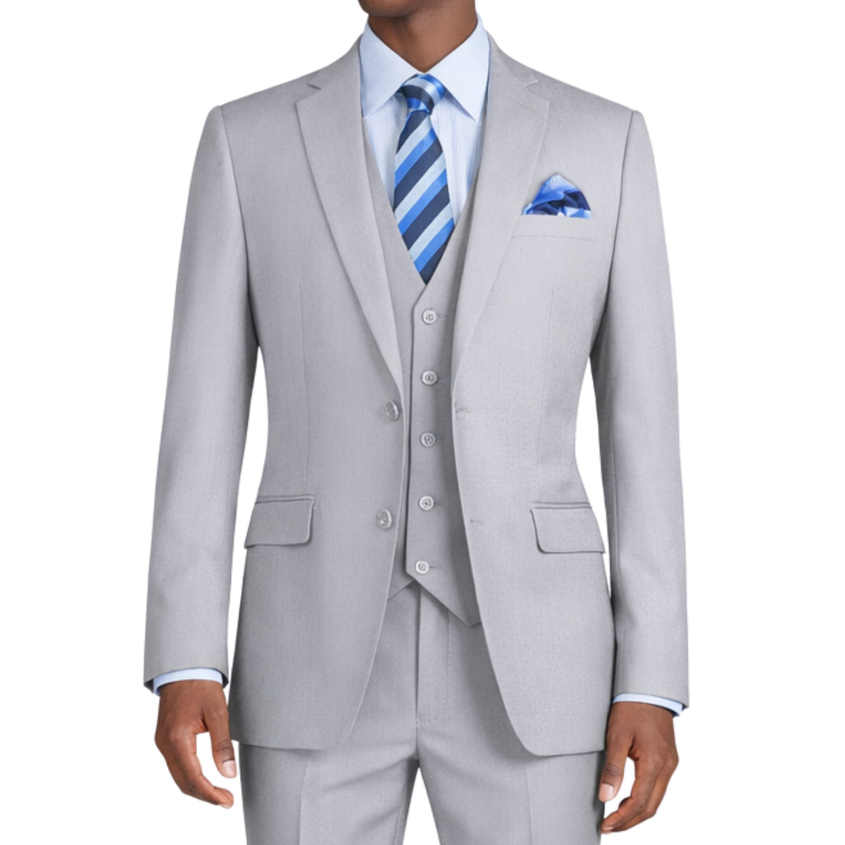 VINCI Men's Light Gray 3-Piece 2-Button Slim Suit with Matching Vest - NEW. Elegantly lined jacket with classic notch lapel, paired with flat-front pants for custom tailoring, offering a modern slim silhouette. Perfect for formal and professional occasions. Available at Fashion House Inc. (FH Menswear)