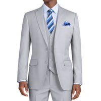 VINCI Men's Light Gray 3-Piece 2-Button Slim Suit with Matching Vest - NEW. Elegantly lined jacket with classic notch lapel, paired with flat-front pants for custom tailoring, offering a modern slim silhouette. Perfect for formal and professional occasions. Available at Fashion House Inc. (FH Menswear)