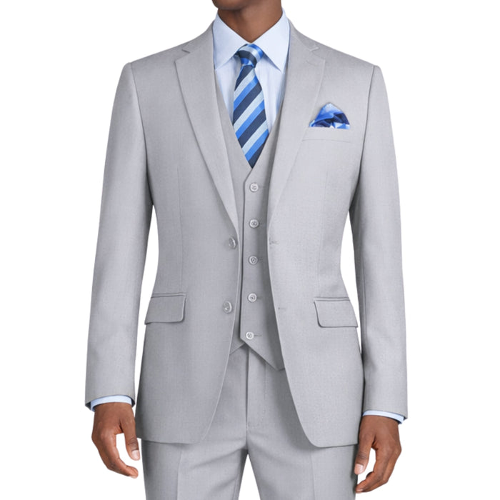 VINCI Men's Light Gray 3-Piece 2-Button Slim Suit with Matching Vest - NEW. Elegantly lined jacket with classic notch lapel, paired with flat-front pants for custom tailoring, offering a modern slim silhouette. Perfect for formal and professional occasions. Available at Fashion House Inc. (FH Menswear)