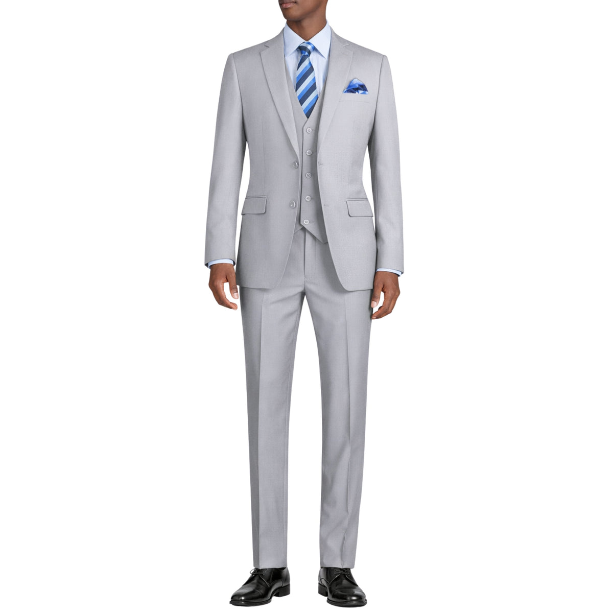 VINCI Men's Light Gray 3-Piece 2-Button Slim Suit with Matching Vest - NEW. Elegantly lined jacket with classic notch lapel, paired with flat-front pants for custom tailoring, offering a modern slim silhouette. Perfect for formal and professional occasions. Available at Fashion House Inc. (FH Menswear)