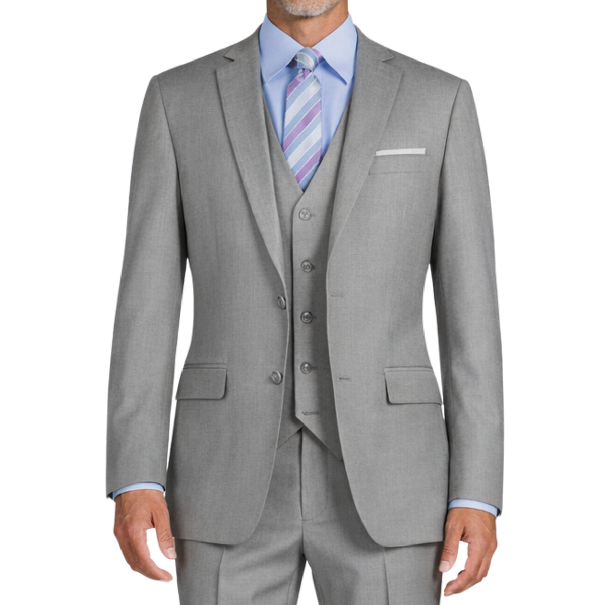 VINCI Men's Medium Gray 3-Piece 2-Button Slim Suit with Matching Vest - NEW. Elegantly lined jacket with classic notch lapel, paired with flat-front pants for custom tailoring, offering a modern slim silhouette. Perfect for formal and professional occasions. Available at Fashion House Inc. (FH Menswear)