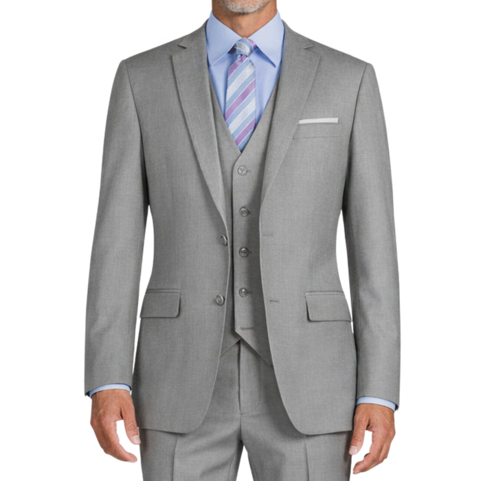 VINCI Men's Medium Gray 3-Piece 2-Button Slim Suit with Matching Vest - NEW. Elegantly lined jacket with classic notch lapel, paired with flat-front pants for custom tailoring, offering a modern slim silhouette. Perfect for formal and professional occasions. Available at Fashion House Inc. (FH Menswear)