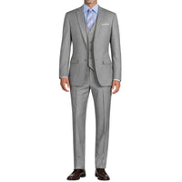 VINCI Men's Medium Gray 3-Piece 2-Button Slim Suit with Matching Vest - NEW. Elegantly lined jacket with classic notch lapel, paired with flat-front pants for custom tailoring, offering a modern slim silhouette. Perfect for formal and professional occasions. Available at Fashion House Inc. (FH Menswear)