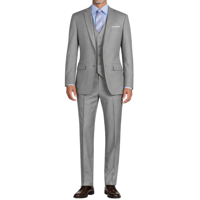 VINCI Men's Medium Gray 3-Piece 2-Button Slim Suit with Matching Vest - NEW. Elegantly lined jacket with classic notch lapel, paired with flat-front pants for custom tailoring, offering a modern slim silhouette. Perfect for formal and professional occasions. Available at Fashion House Inc. (FH Menswear)