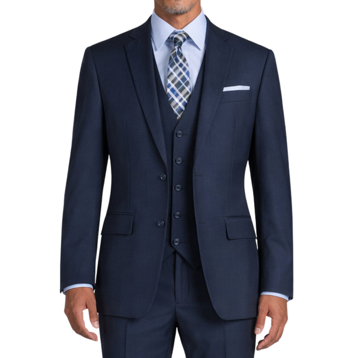 VINCI Men's Navy Blue 3-Piece 2-Button Slim Suit with Matching Vest - NEW. Elegantly lined jacket with classic notch lapel, paired with flat-front pants for custom tailoring, offering a modern slim silhouette. Perfect for formal and professional occasions. Available at Fashion House Inc. (FH Menswear)