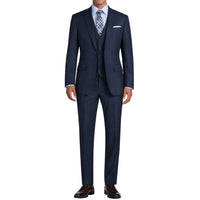 VINCI Men's Navy Blue 3-Piece 2-Button Slim Suit with Matching Vest - NEW. Elegantly lined jacket with classic notch lapel, paired with flat-front pants for custom tailoring, offering a modern slim silhouette. Perfect for formal and professional occasions. Available at Fashion House Inc. (FH Menswear)