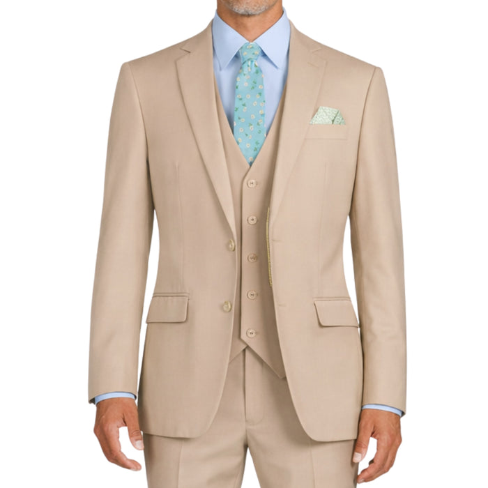 VINCI Men's Stone 3-Piece 2-Button Slim Suit with Matching Vest - NEW. Elegantly lined jacket with classic notch lapel, paired with flat-front pants for custom tailoring, offering a modern slim silhouette. Perfect for formal and professional occasions. Available at Fashion House Inc. (FH Menswear)