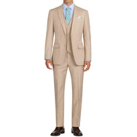 VINCI Men's Stone 3-Piece 2-Button Slim Suit with Matching Vest - NEW. Elegantly lined jacket with classic notch lapel, paired with flat-front pants for custom tailoring, offering a modern slim silhouette. Perfect for formal and professional occasions. Available at Fashion House Inc. (FH Menswear)
