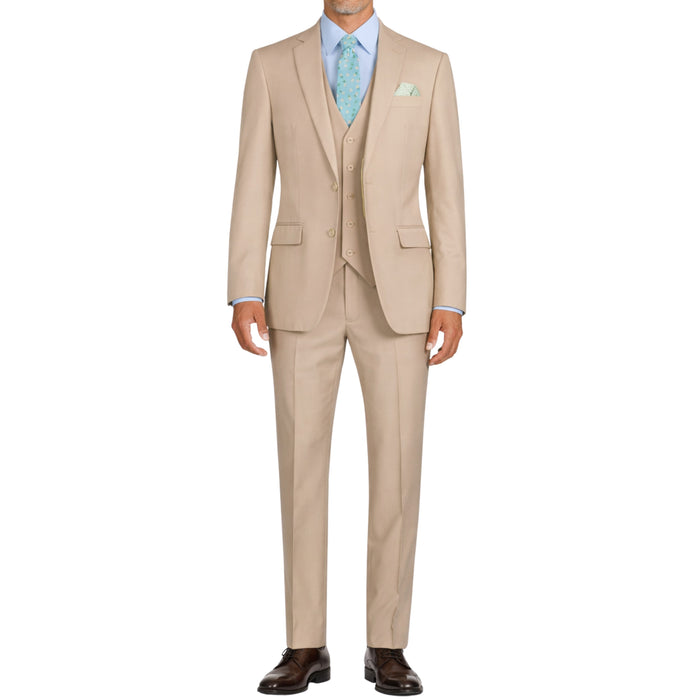 VINCI Men's Stone 3-Piece 2-Button Slim Suit with Matching Vest - NEW. Elegantly lined jacket with classic notch lapel, paired with flat-front pants for custom tailoring, offering a modern slim silhouette. Perfect for formal and professional occasions. Available at Fashion House Inc. (FH Menswear)