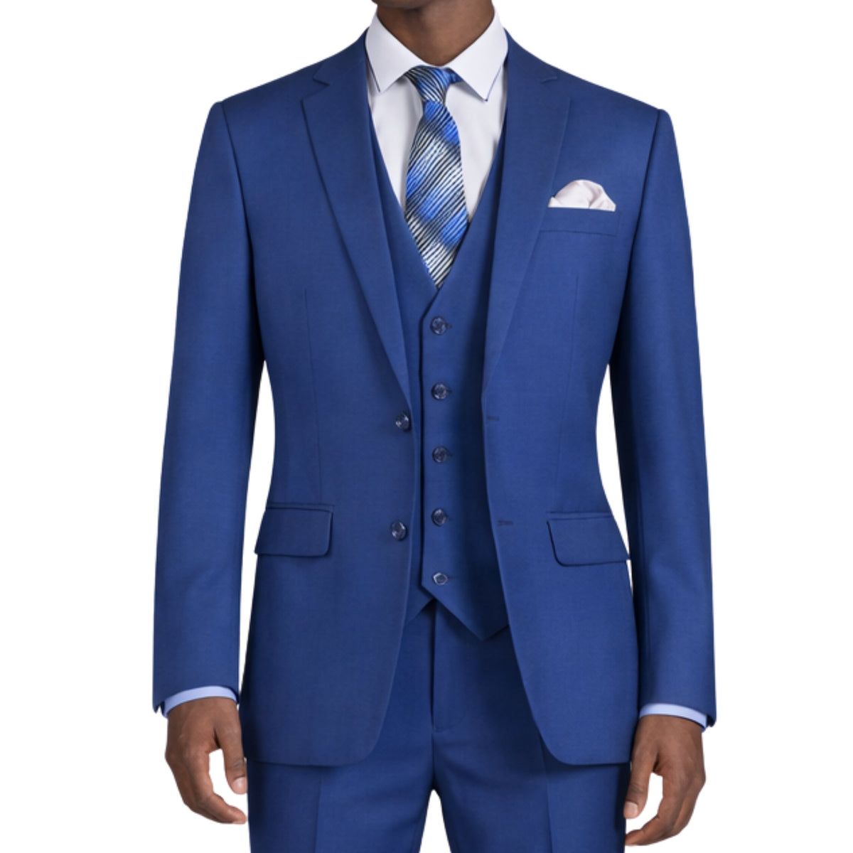 VINCI Men's Twilight Blue 3-Piece 2-Button Slim Suit with Matching Vest - NEW. Elegantly lined jacket with classic notch lapel, paired with flat-front pants for custom tailoring, offering a modern slim silhouette. Perfect for formal and professional occasions. Available at Fashion House Inc. (FH Menswear)