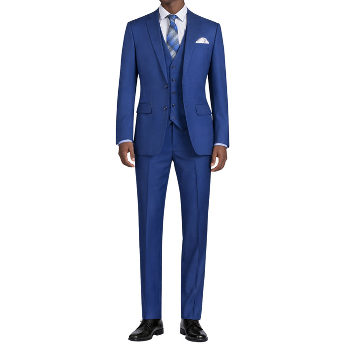 VINCI Men's Twilight Blue 3-Piece 2-Button Slim Suit with Matching Vest - NEW. Elegantly lined jacket with classic notch lapel, paired with flat-front pants for custom tailoring, offering a modern slim silhouette. Perfect for formal and professional occasions. Available at Fashion House Inc. (FH Menswear)