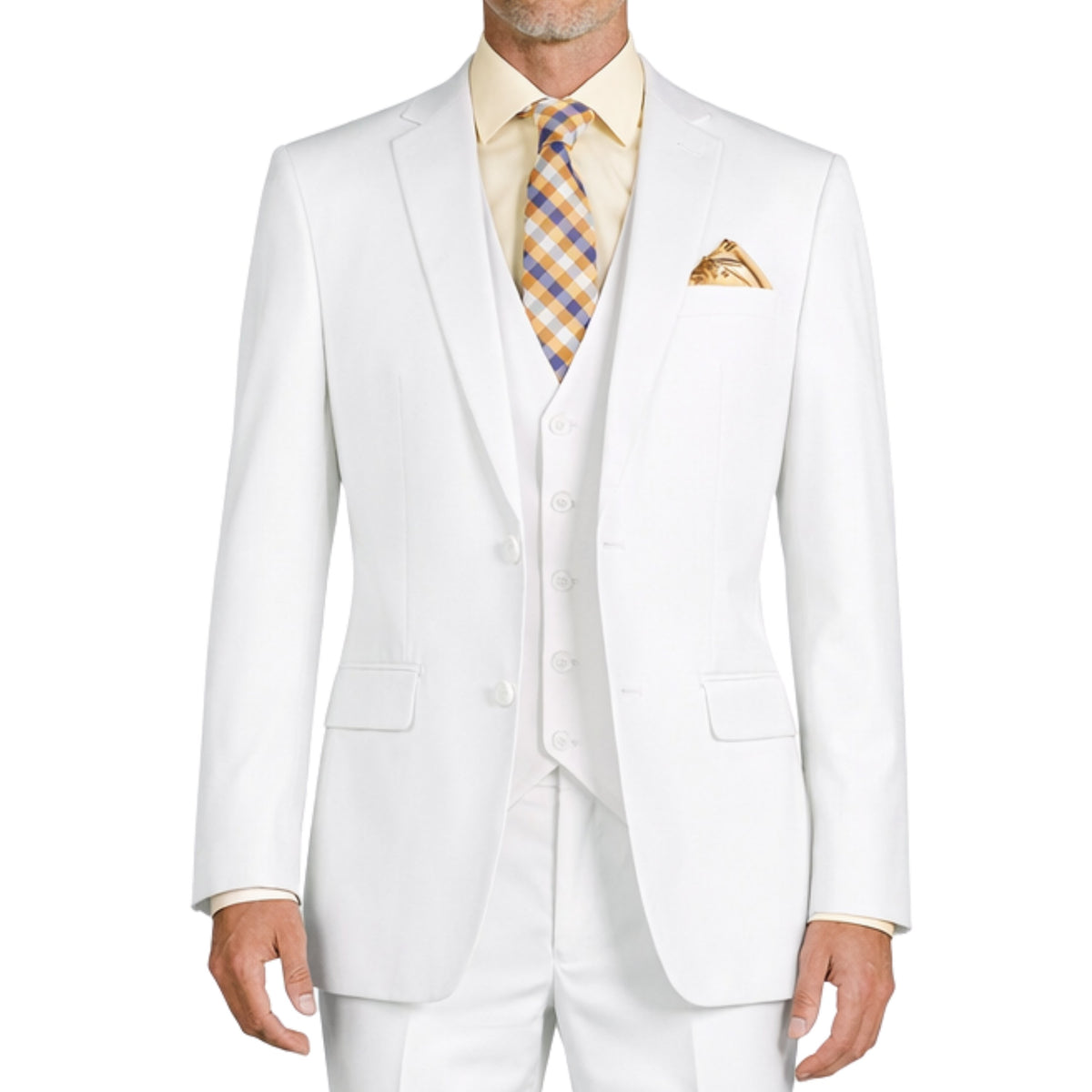 VINCI Men's White 3-Piece 2-Button Slim Suit with Matching Vest - NEW. Elegantly lined jacket with classic notch lapel, paired with flat-front pants for custom tailoring, offering a modern slim silhouette. Perfect for formal and professional occasions. Available at Fashion House Inc. (FH Menswear)