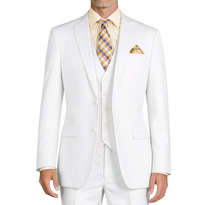 VINCI Men's White 3-Piece 2-Button Slim Suit with Matching Vest - NEW. Elegantly lined jacket with classic notch lapel, paired with flat-front pants for custom tailoring, offering a modern slim silhouette. Perfect for formal and professional occasions. Available at Fashion House Inc. (FH Menswear)