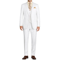 VINCI Men's White 3-Piece 2-Button Slim Suit with Matching Vest - NEW. Elegantly lined jacket with classic notch lapel, paired with flat-front pants for custom tailoring, offering a modern slim silhouette. Perfect for formal and professional occasions. Available at Fashion House Inc. (FH Menswear)