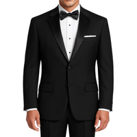LUCCI Men's Black Classic Fit Polyester Tuxedo Suit NEW. Timeless elegance with a fully lined jacket featuring a sateen notch lapel, and pleated pants ready for custom tailoring. Perfect for special occasions, available at Fashion House Inc. (FH Menswear)