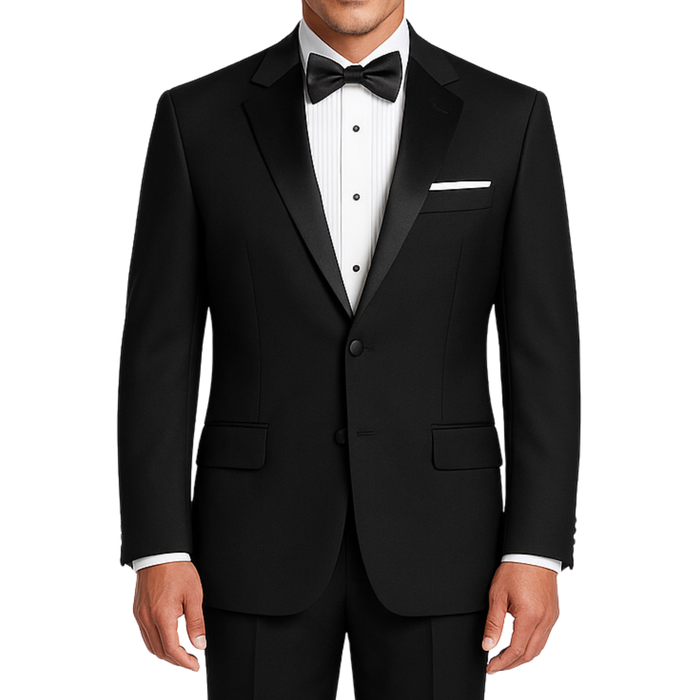 LUCCI Men's Black Classic Fit Polyester Tuxedo Suit NEW. Timeless elegance with a fully lined jacket featuring a sateen notch lapel, and pleated pants ready for custom tailoring. Perfect for special occasions, available at Fashion House Inc. (FH Menswear)