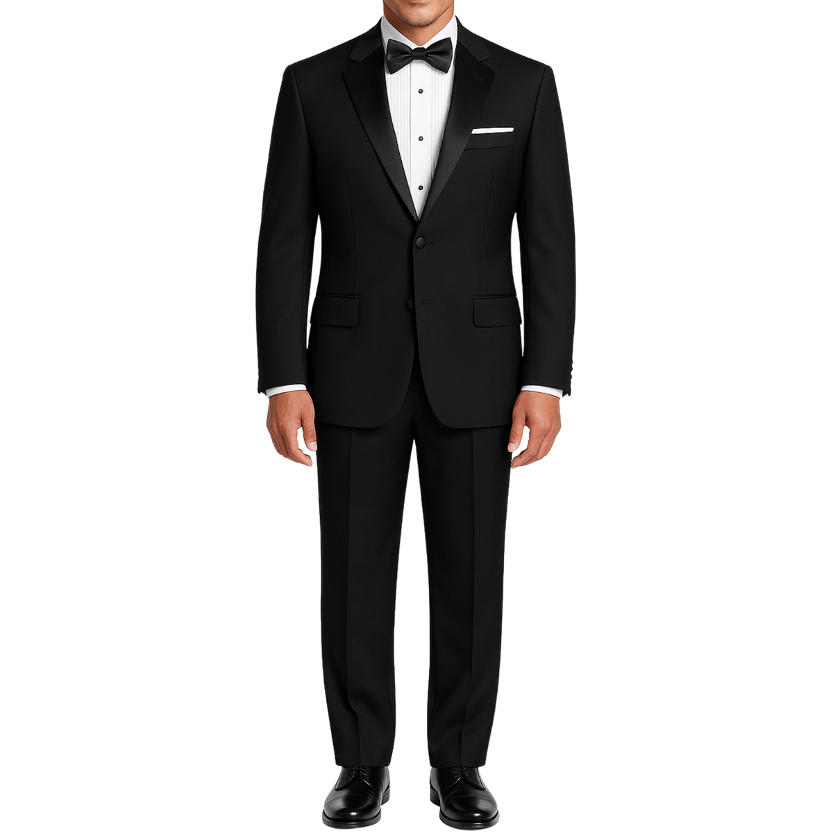 LUCCI Men's Black Classic Fit Polyester Tuxedo Suit NEW. Timeless elegance with a fully lined jacket featuring a sateen notch lapel, and pleated pants ready for custom tailoring. Perfect for special occasions, available at Fashion House Inc. (FH Menswear)