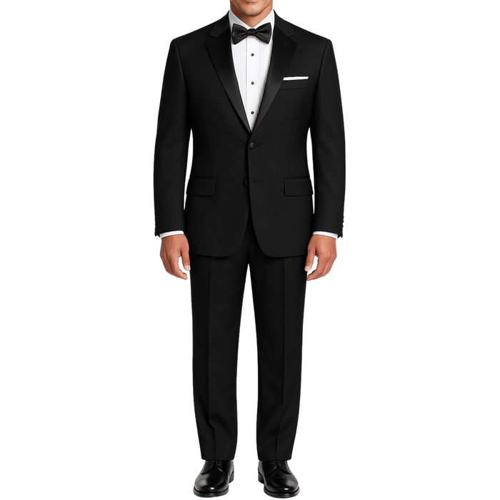 LUCCI Men's Black Classic Fit Polyester Tuxedo Suit NEW. Timeless elegance with a fully lined jacket featuring a sateen notch lapel, and pleated pants ready for custom tailoring. Perfect for special occasions, available at Fashion House Inc. (FH Menswear)