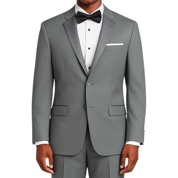 LUCCI Men's Gray Classic Fit Polyester Tuxedo Suit NEW. Timeless elegance with a fully lined jacket featuring a sateen notch lapel, and pleated pants ready for custom tailoring. Perfect for special occasions, available at Fashion House Inc. (FH Menswear)