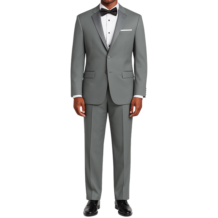 LUCCI Men's Gray Classic Fit Polyester Tuxedo Suit NEW. Timeless elegance with a fully lined jacket featuring a sateen notch lapel, and pleated pants ready for custom tailoring. Perfect for special occasions, available at Fashion House Inc. (FH Menswear)