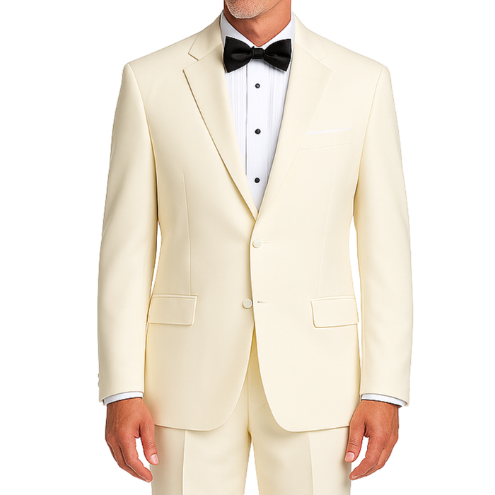 LUCCI Men's Ivory Classic Fit Polyester Tuxedo Suit NEW. Timeless elegance with a fully lined jacket featuring a sateen notch lapel, and pleated pants ready for custom tailoring. Perfect for special occasions, available at Fashion House Inc. (FH Menswear)